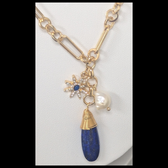 Blue Lapis Lazuli Pendant Necklace Gold Paperclip Chain Pearl & Starburst Accent - Picture 3 of 8